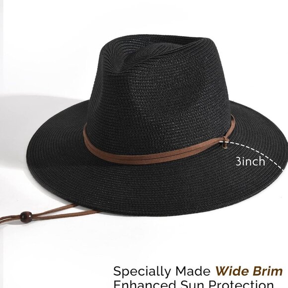 Womens Summer Straw Sun Hats Wide Brim Panama Fedora Beach Hat with Wind Lanyard - Picture 3 of 7